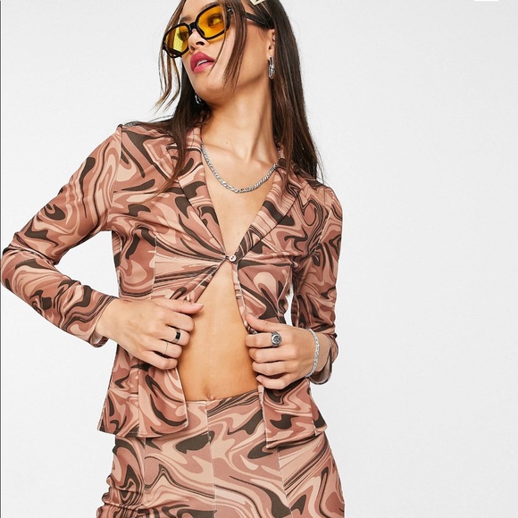 ASOS Design jersey suit 00s skimpy blazer in marbled print - Picture 2 of 2